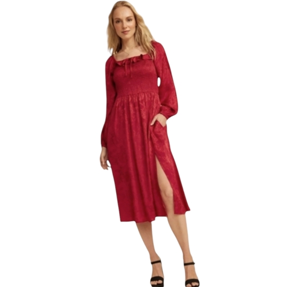 Maurices Red Floral Long Sleeve Midi Peasant Dress With Pockets. Size M - Picture 2 of 8